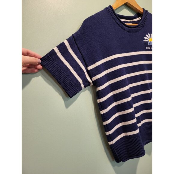 Life Is Good Blue White Stripe Short Sleeve Sweater Sz L Nautical Preppy - Picture 3 of 6